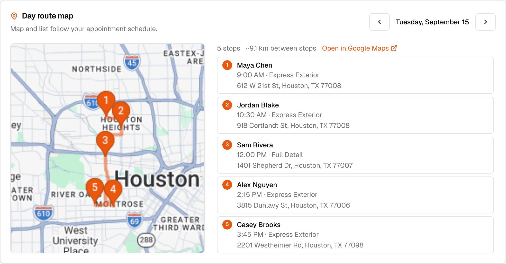 RouteRooster day route map for Sunshine Mobile Detailing — five stops across Houston Heights